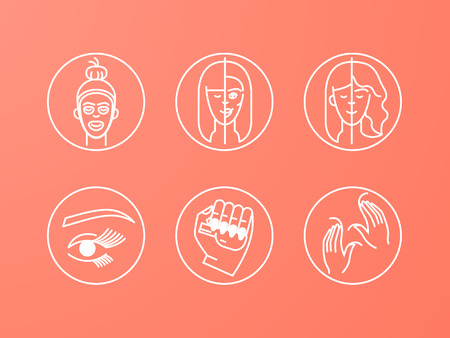 A set of cosmetology icons: darsonvalization, laser cosmetology, lifting, skin cleansing, massage, cosmetic injections, aesthetic procedures, cosmetics and treatments, mask, cosmetic injections, hairdressing, visage, manicure, pedicure.のイラスト素材