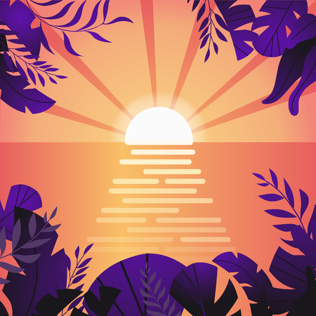 Summer tropical background with palms, sky and sunset. Sunset from the forest. Summer poster poster flyer invitation card. Summerのイラスト素材