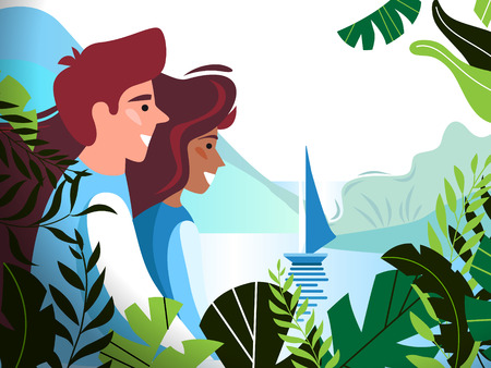 A romantic young couple from the forest is looking at the bay and the ship, surrounded by beautiful tropical leaves. Vector illustration for cards, posters, advertisements.のイラスト素材