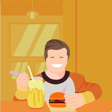 man is happy with junk food and orange backgroundのイラスト素材