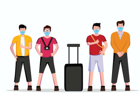 flat design of a group of young people preparing for a vacation with a health protocolsのイラスト素材