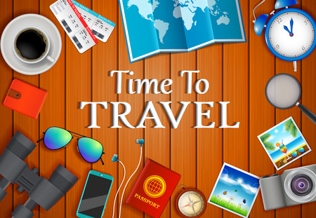 Flat vector web banners set on the theme of travel , vacation, adventure. Preparing for your journey. Outfit of modern traveler. Objects on wooden background.のイラスト素材