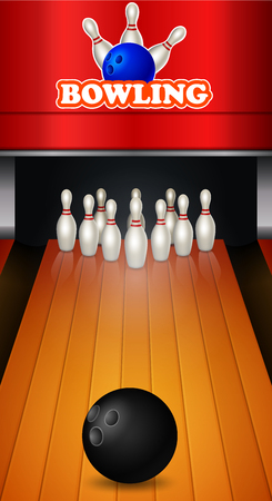 Bowling game with bowling lane ten pins and ball realistic vector illustrationのイラスト素材