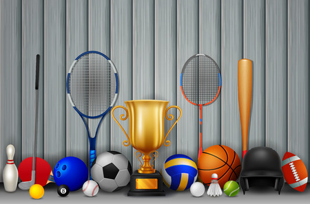 Trophy and sport equipment with background white and grey colour . vector Illustrationのイラスト素材