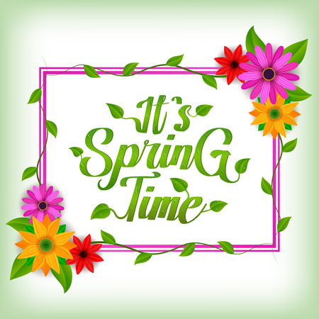 It's spring time vector greeting background design template with white space for text ,colorful flowers and elements for spring season. Vector illustration.のイラスト素材