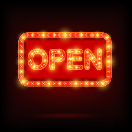 Shining retro sign open billboard . Vector illustration.のイラスト素材