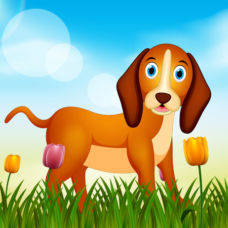 Vector summer nature background with cute dog illustrationのイラスト素材