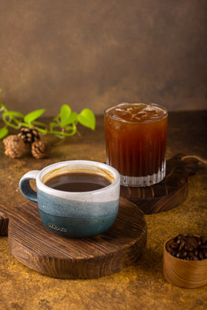 aromatic coffee from fresh roasted coffee bean to pouring become hot or cold black coffee at wooden rustic trayの写真素材
