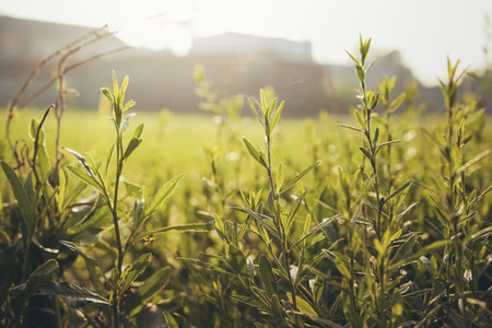 Wild grass with water drops in the early morning