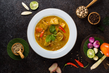 yellow curry fish or gulai ikan with tilapia fish seasoned with fresh herbs and spicesの写真素材