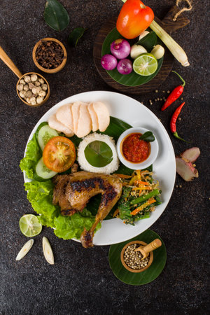 Ayam Bakar or Roasted Chicken with herb and spice from Indonesia, served on white Oval plateの写真素材