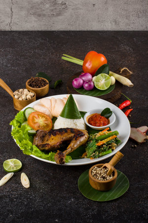 Ayam Bakar or Roasted Chicken with herb and spice from Indonesia, served on white Oval plateの写真素材