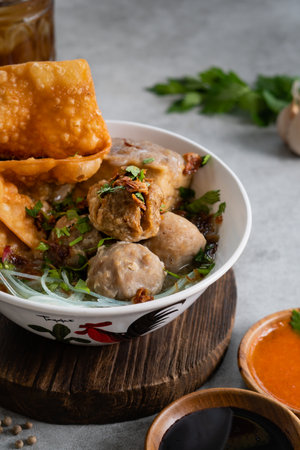 Bakso or indonesian meatball served with broth soup, tofu, noodle and deep fried wonton or dumpling on white bowlの写真素材