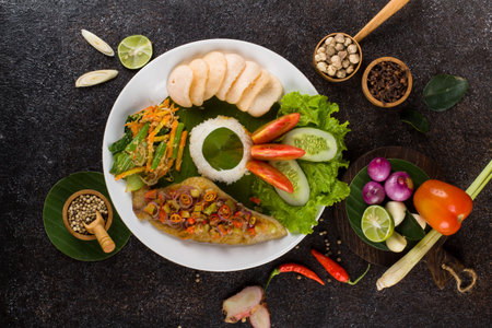 Thai food, Spicy fish salad on black stone background.の写真素材
