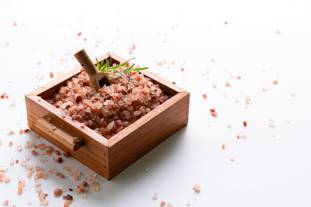 Himalayan pink salt is herb seasoning from himalaya and isolated on white background with copy spaceの写真素材