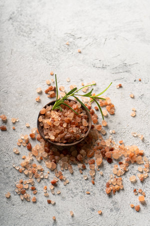 Himalayan pink salt is herb seasoning from himalaya and isolated on white abstract background with copy spaceの写真素材