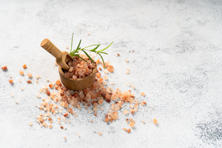 Himalayan pink salt is herb seasoning from himalaya and isolated on white abstract background with copy spaceの写真素材