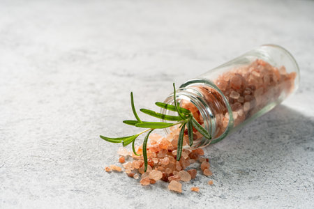 Himalayan pink salt is herb seasoning isolated on white abstract background with copy spaceの写真素材