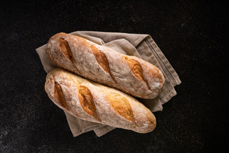 Fresh homemade artisan loaf of baguette breads on rustic background with copy space. sourdough mini baguette breads.の写真素材