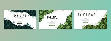 Green Tropical Leaf Website Template. Exotic Plant Banner. Botanical Vector Illustrationのイラスト素材
