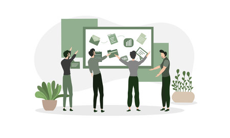 Vector illustration of a group of young people working together in the officeのイラスト素材