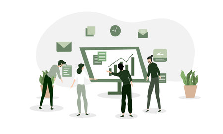 Flat design modern vector illustration concept of business people working in office. Teamwork, meeting, brainstormingのイラスト素材