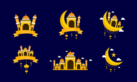 Set of vector emblems for Ramadan Kareem, Eid Mubarak, Eid al-Fitr.のイラスト素材