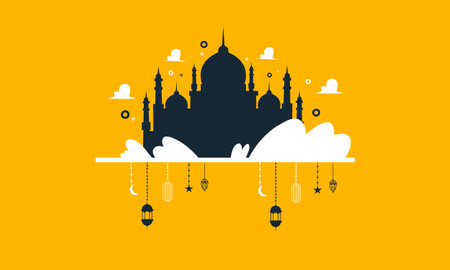 Ramadan Kareem greeting card with mosque and lanterns. Vector illustrationのイラスト素材