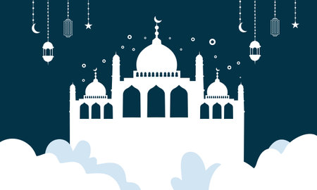 ramadan kareem eid-al fitr poster template with ornament lettern and mosque vector background designのイラスト素材