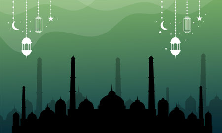 ramadan kareem eid-al fitr poster template with ornament lettern and mosque vector background designのイラスト素材