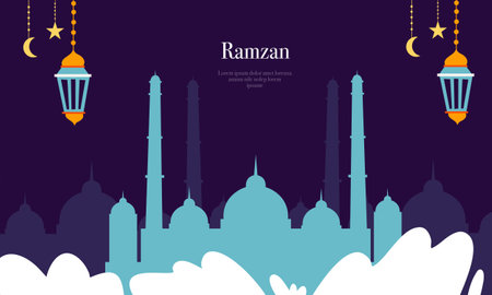 ramadan kareem eid-al fitr poster template with ornament lettern and mosque vector background design&#xD;&#xA;for background and landing page ramadan eventのイラスト素材