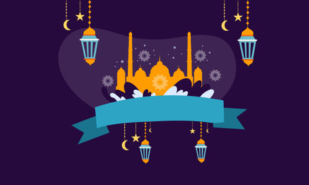ramadan kareem eid-al fitr poster template with ornament lettern and mosque vector background design&#xD;&#xA;for background and landing page ramadan eventのイラスト素材