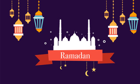 ramadan kareem eid-al fitr poster template with ornament lettern and mosque vector background design&#xD;&#xA;for background and landing page ramadan eventのイラスト素材