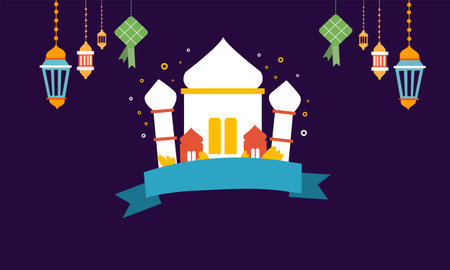 ramadan kareem eid-al fitr poster template with ornament lettern and mosque vector background design&#xD;&#xA;for background and landing page ramadan eventのイラスト素材