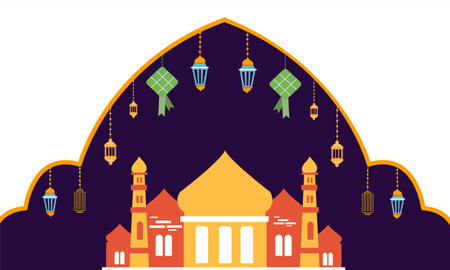 ramadan kareem eid-al fitr poster template with ornament lettern and mosque vector background design&#xD;&#xA;for background and landing page ramadan eventのイラスト素材