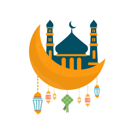 ramadan kareem eid-al fitr poster template with ornament lettern and mosque vector background designのイラスト素材