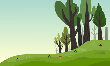 Vector illustration of a green forest with trees and grass in the backgroundのイラスト素材