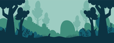 Forest background with trees and bushes. Vector illustration in flat style.のイラスト素材