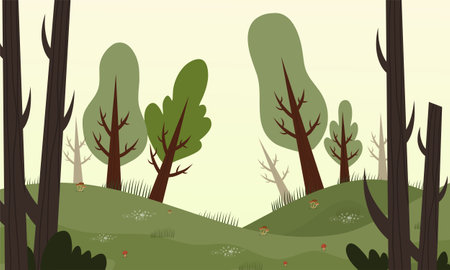 Forest landscape with trees and grass. Vector illustration in flat style.のイラスト素材