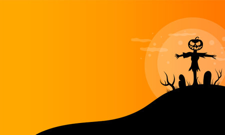 Halloween background with pumpkin and witch on the hill, vector illustrationのイラスト素材