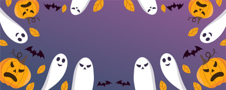 Halloween background with white ghosts and pumpkins. Vector illustration.のイラスト素材