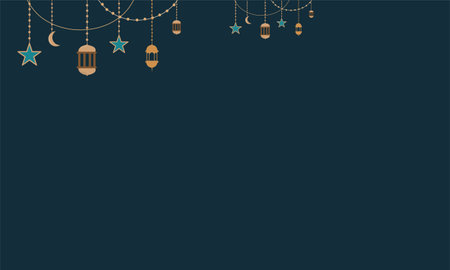 Ramadan Kareem greeting card. Arabic lanterns and stars on dark blue background.のイラスト素材