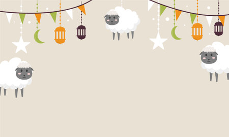 Cute greeting card with cute sheep and lanterns. Vector illustration.のイラスト素材