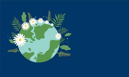 Illustration of the planet earth with white flowers on a blue backgroundのイラスト素材