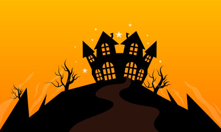 Illustration of Halloween background with haunted house and bats. Vector illustration.のイラスト素材