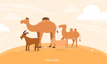 Cute cartoon camel family in desert. Vector flat design illustration.のイラスト素材