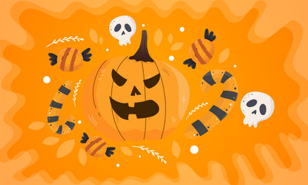Halloween vector illustration. Cute halloween background with pumpkin, candies, skull and bones.のイラスト素材