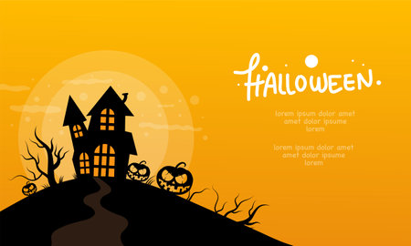 Halloween background with haunted house and pumpkins. Vector illustration.のイラスト素材