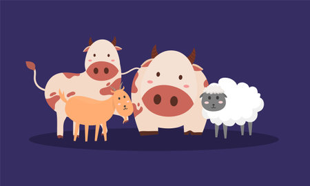 Cute cartoon farm animals vector illustration. Cow, pig, sheep, goat.のイラスト素材