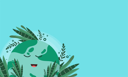 Ecology concept. Cute green planet with leaves. Vector illustrationのイラスト素材